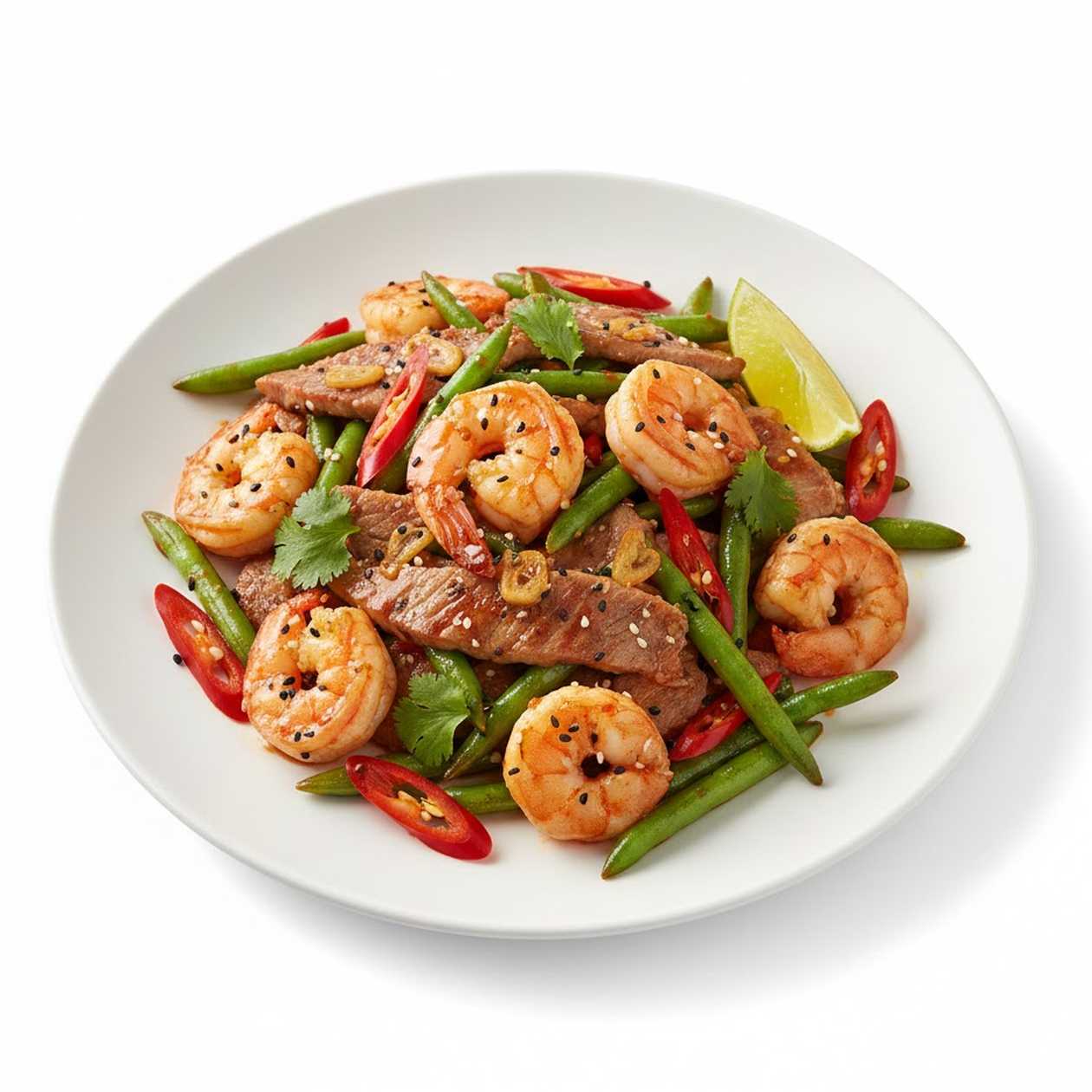 Stir Fry Spicy Pork And Prawns With French Beans